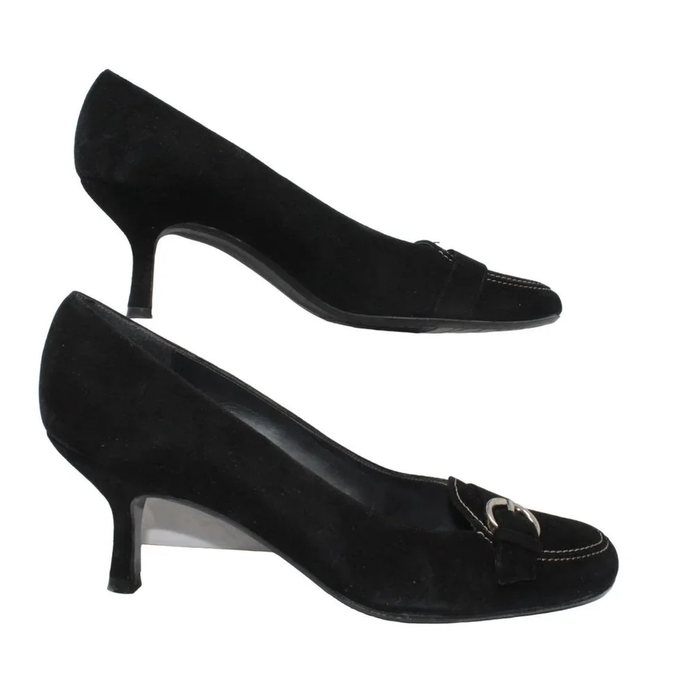 Stuart Weitzman Size 9M Black Suede Leather Madeline Buckle Detail Kitten Heels - Picture 6 of 11